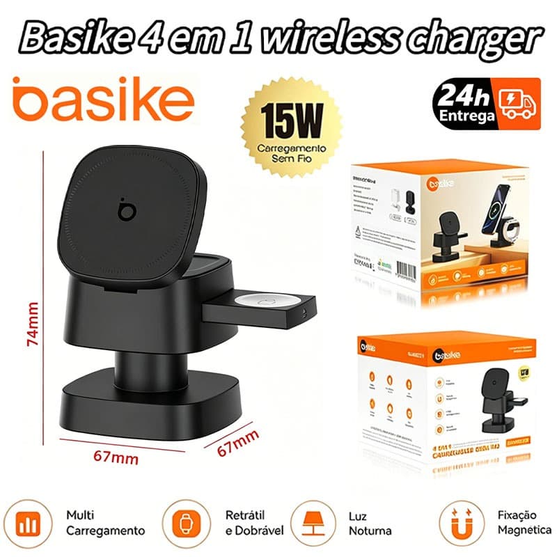 Basike 4 em 1 new carregador sem fio compatível com iPhones e celulares Android 15w Turbo Ultra Fast with light