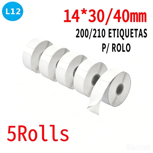 5RolosRefil EtiquetasTérmicasCompatívelcom Impressora L12, Papel Adesivo Térmico Direto nos tamanhos 14x30mme14x40mm