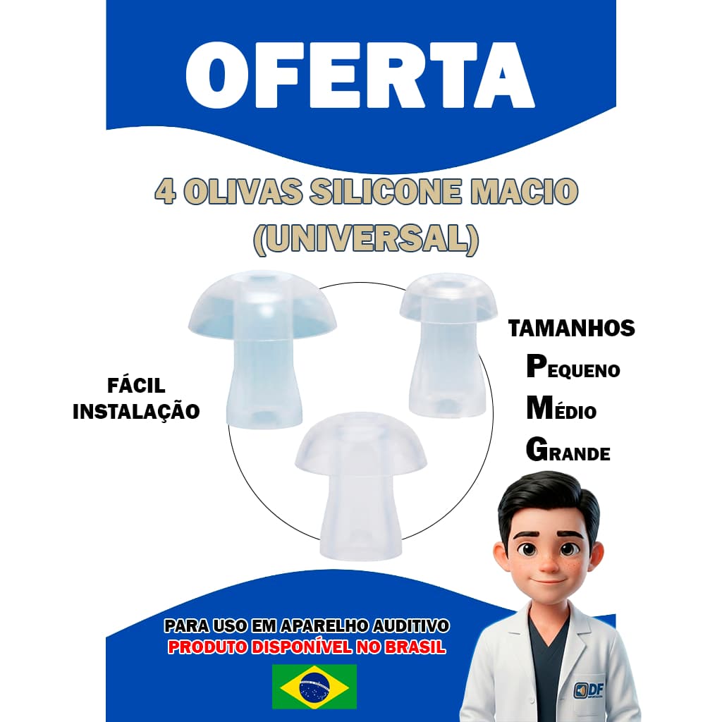 Pacote Com 4 Olivas Silicone Macio Universal Compatível BTE RIC para Aparelho Auditivo P M G