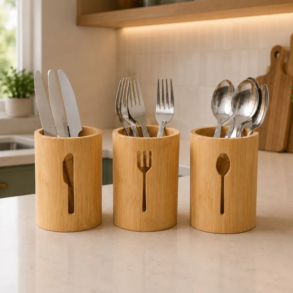 Kit 3 Porta Talheres Bambu - Organizador Cozinha Faca Garfo Colher