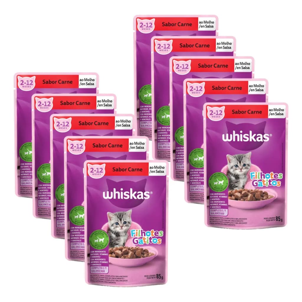 Kit 10 Sachês Whiskas Filhotes Carne ao Molho 85g Ração Úmida para Gatos