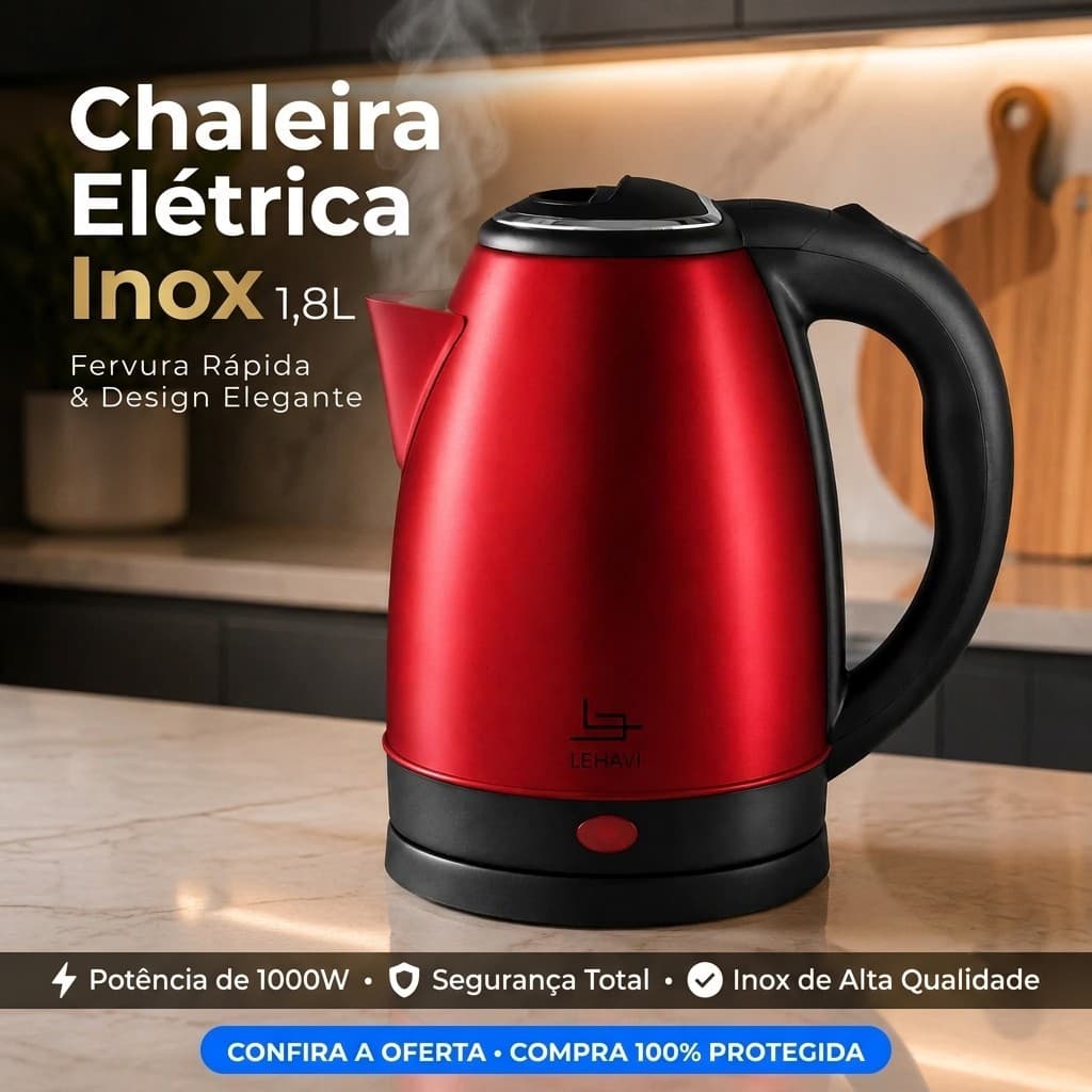 Chaleira Elétrica Inox Vermelha 1.8L 1000W Desligamento Automático Rápido Aquecimento Café Chá Leite