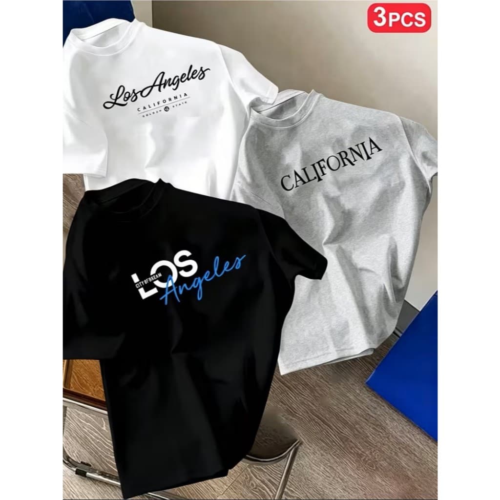 Conjunto de 3 T-shirts Masculinas com Estampado de Letras de Cidades (California, Paris, Los Angeles), Camisolas de Gola