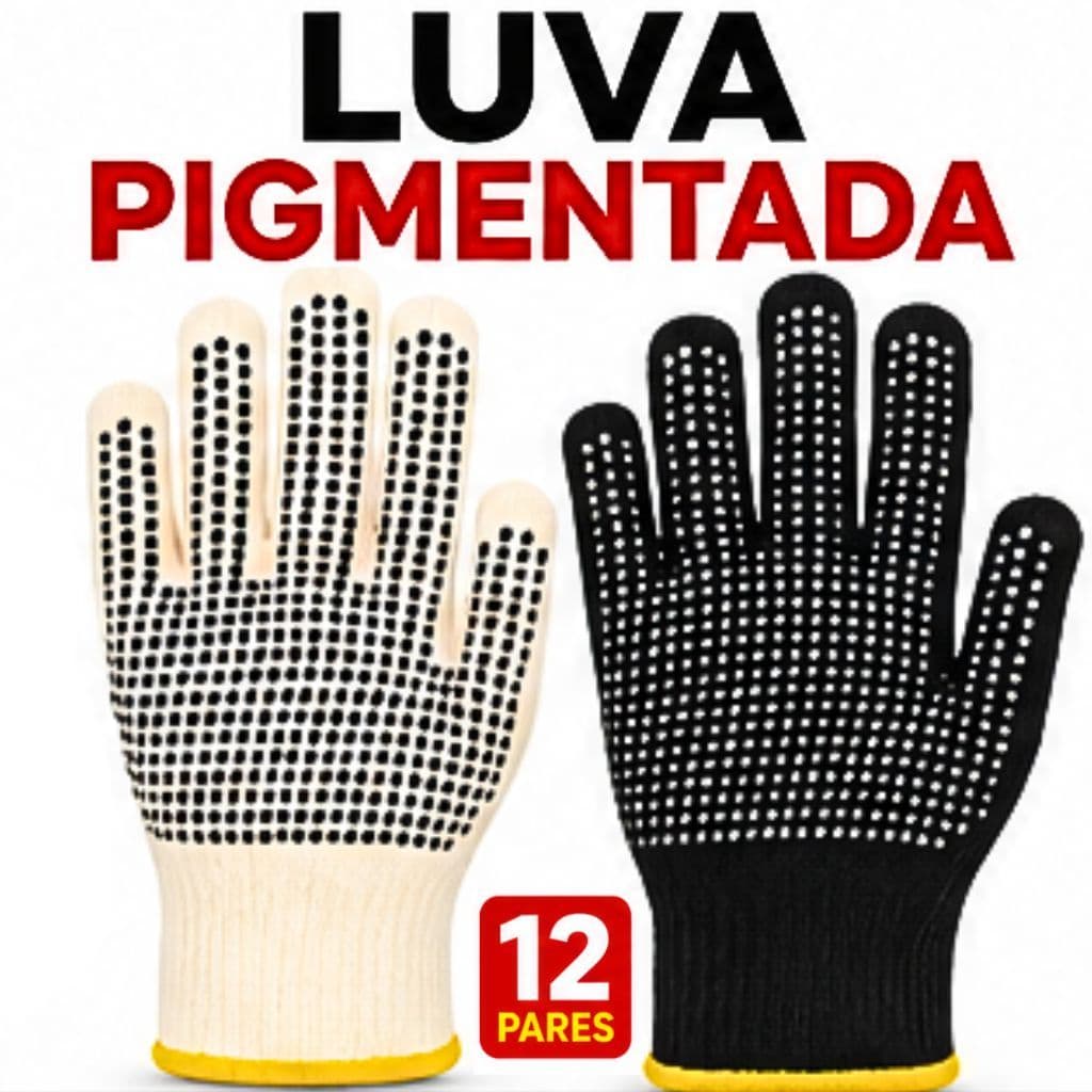 KIT 12 Pares Luvas De Segurança Pigmentada PVC Antiderrapante Obras Mecânica Jardinagem Algodão EPI
