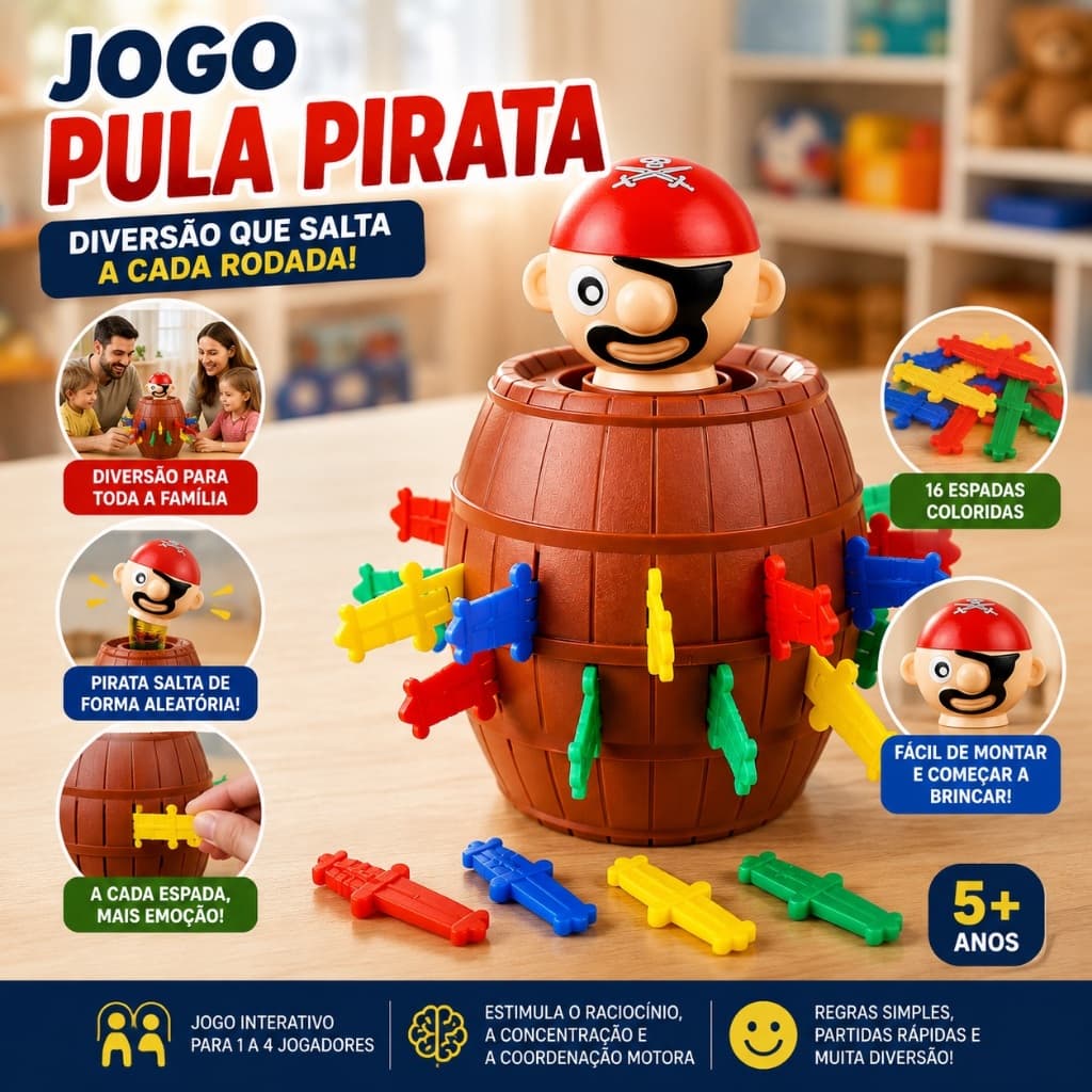 Jogo Pula Pirata com 16 Espadas Brinquedo Infantil Interativo Jogo de Mesa Diversão em Família