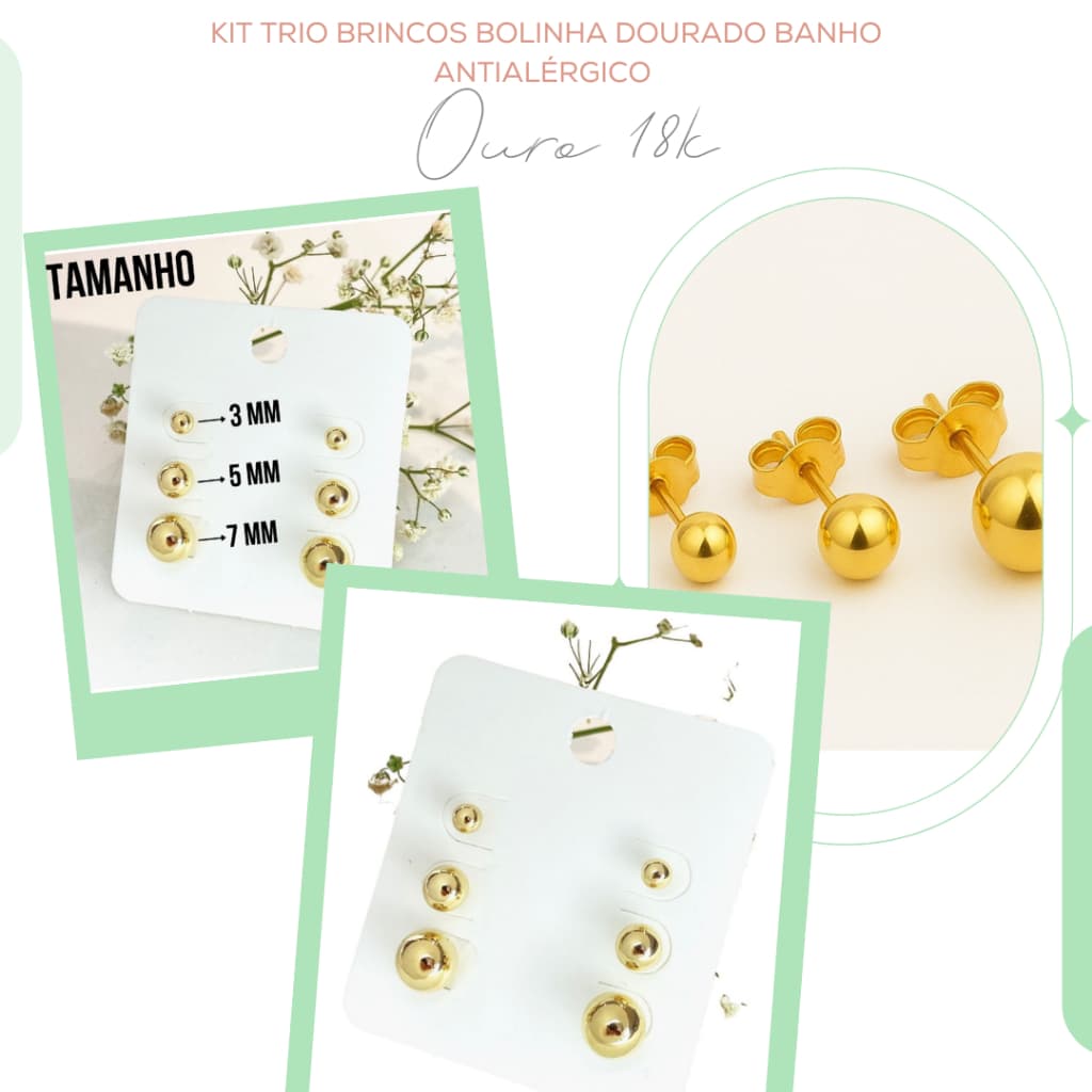 Kit Trio Brincos Bolinha Dourado Banho Ouro 18k Antialérgico Feminino 3mm 5mm 7mm Semijoia