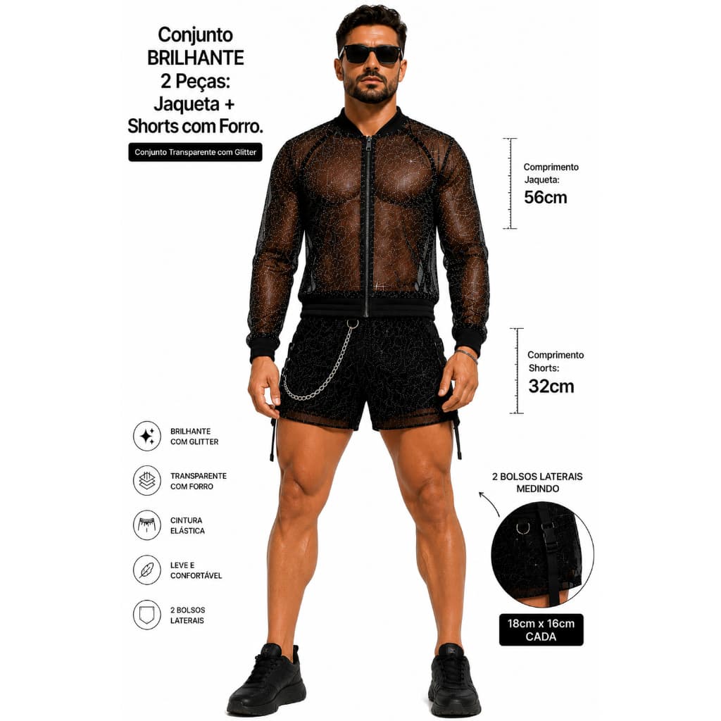 2 Peças BRILHANTE: SHORTS + JAQUETA Transparente/Conjunto Look Festival/kit transparente gliter/balada RAVE/parada lgbt
