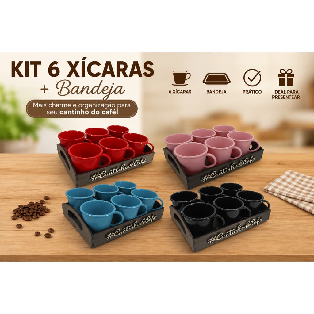 Bandeja Decorativa MDF + 6 Xícaras Acrílico 85ml Cantinho do Café Escolha a Cor