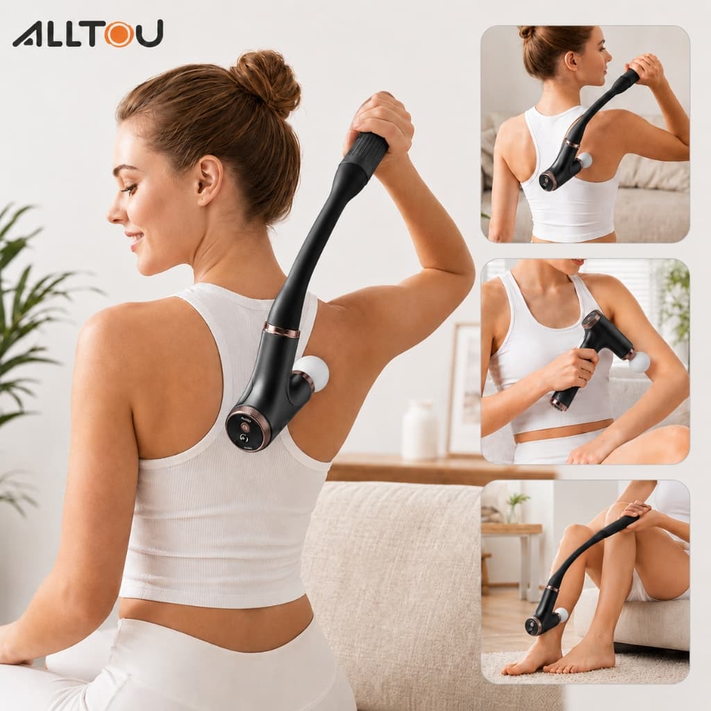ALLTOU 12 in 1 Portable Elongated Muscle Massager Gun with 10Speeds 3 Modes for Neck Waist and Shoulder Ergonomic