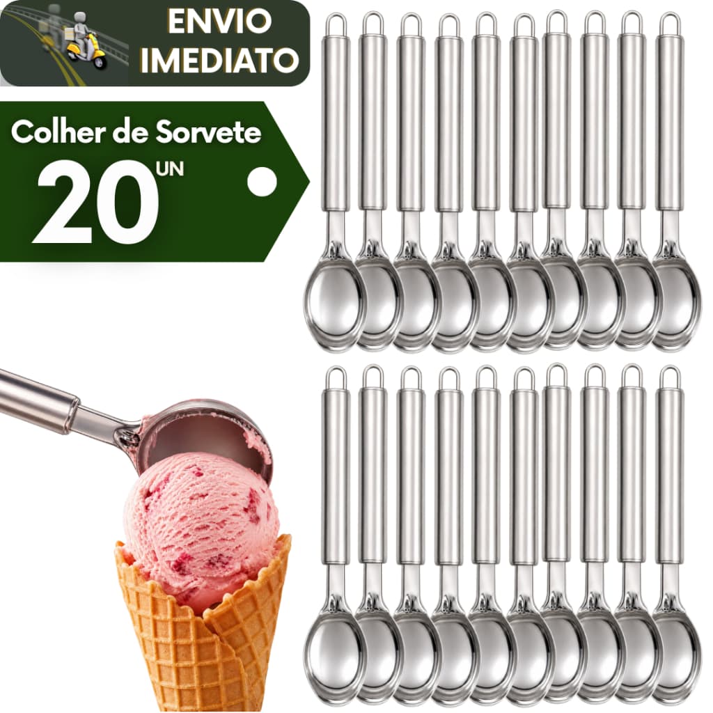 Kit 20 Colher Concha Pegador de Sorvete Açai Inox Manual Resistente Utensílio Ideal para Sorveteria