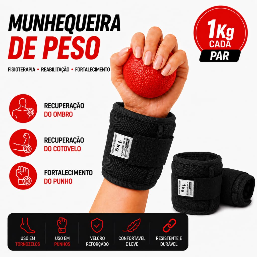 Caneleira Peso de Punho Par Preto1kg Fisioterapia Reabilitação Fortalecimento Terapêutico Ajustavel
