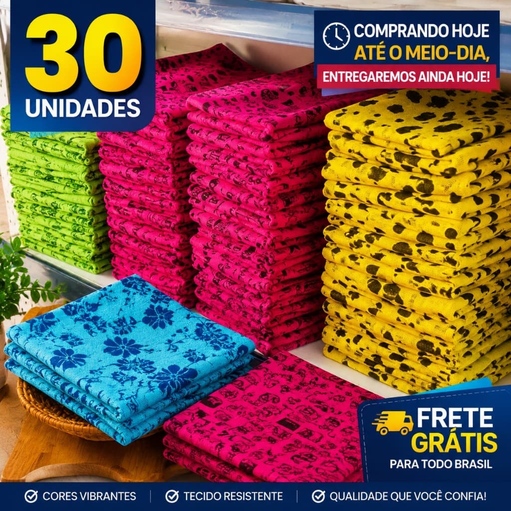 Kit 30 Pano de Prato Estampado Colorido Pano de Copa Cozinha