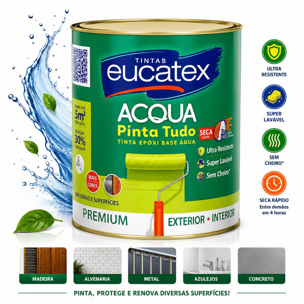 Tinta Epóxi Base Água Eucatex Branca 3,6L Premium Para Azulejos, Pisos, Paredes, Cozinhas, Banheiros e Superfícies