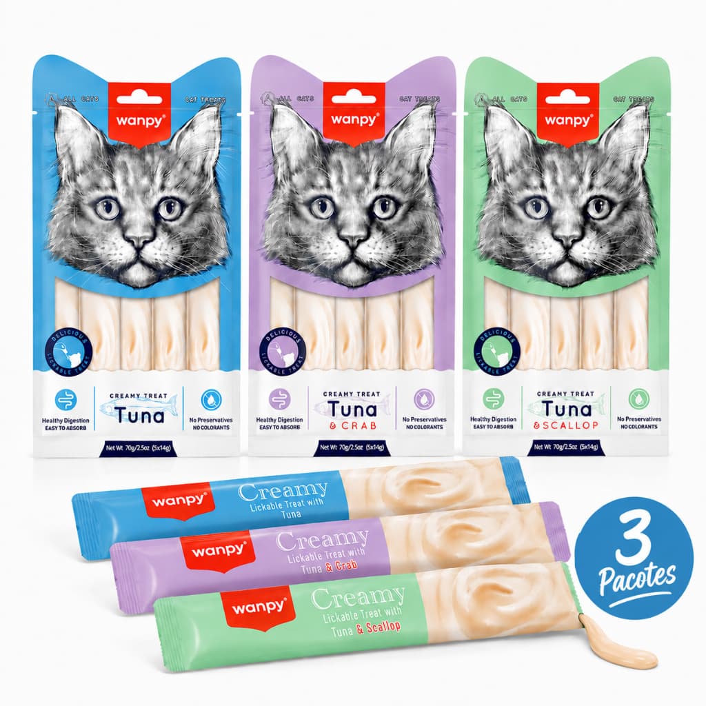 Kit com 3 Petiscos Cremoso Gatos Wanpy Creamy Natural Premium 70g Snack Tubinhos Vitaminas Nutritivo Churu Sabores