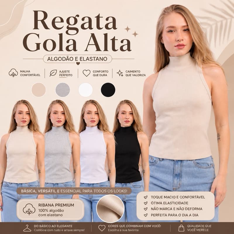 Regata nadador Ribana canelada femininas algodão blusa gola alta camiseta básica lisa preta branca nude