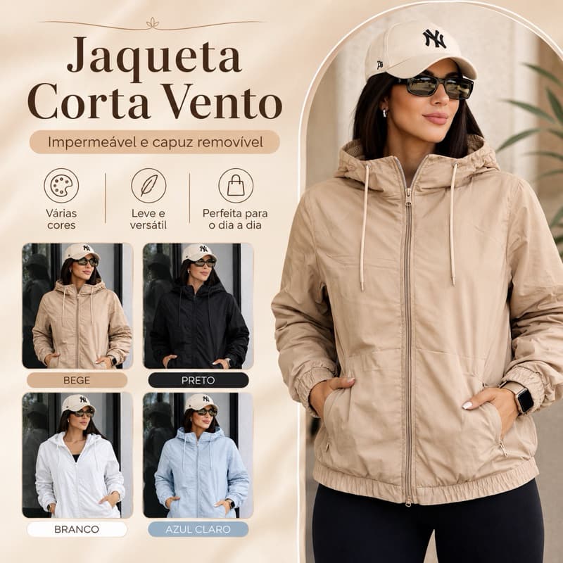 Jaqueta Corta Vento feminina impermeável forrada capuz removível