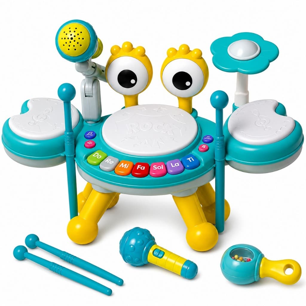Bateria Infantil Musical com Microfone Teclado Tambores Baquetas e Chocalho Brinquedo Educativo