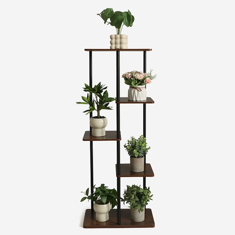 Suporte para Plantas de Chão 5 Níveis em Madeira e Aço Organizador Multiuso para Vasos Sala Varanda Jardim