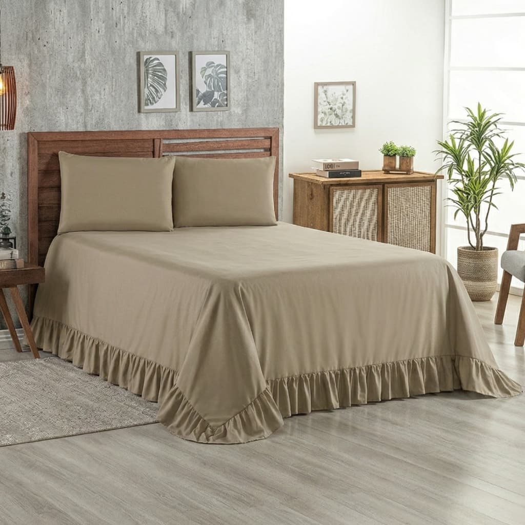Kit Colcha Cobre Leito 400 fios Lisa com Babado 3 peças Premium Com Porta Travesseiro