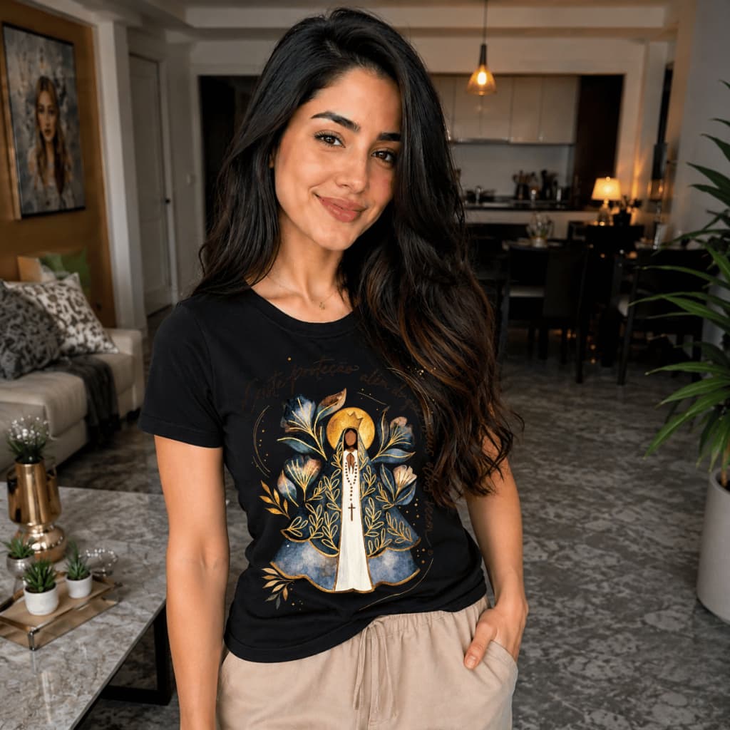 Baby Look Feminina Algodão Estampa Nossa Senhora Aparecida T-shirt Católica Nossa Senhora de Fátima