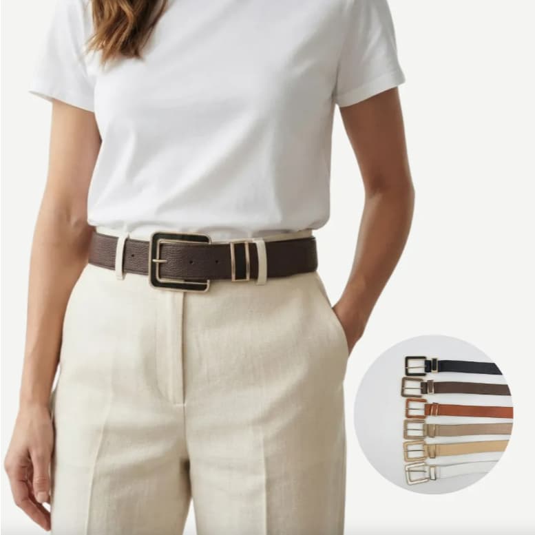 Cinto Feminino Couro Sintético PU Fivela Borda Dourada Feminino Casual Elegante para Calça