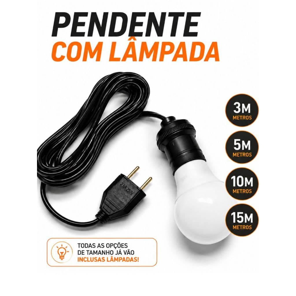 Pendente com Lâmpada 3, 5, 10 ou 15 metros - Soque com Rabicho