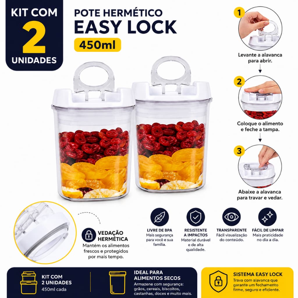 Kit 2 Potes Herméticos Transparente Para cozinha Trava de Pressão Easy Lock Porta Mantimentos 450ml