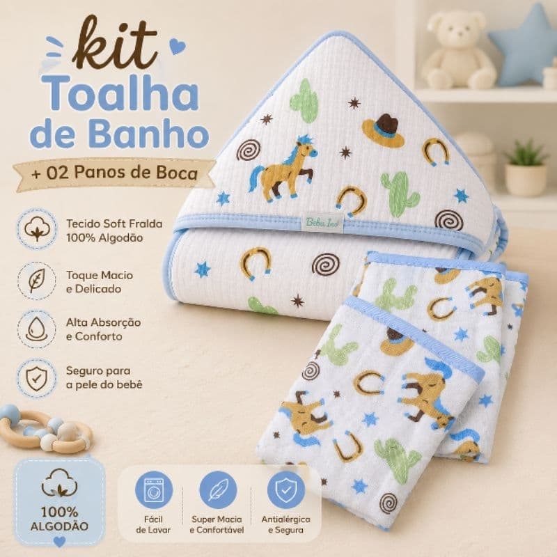 Kit Toalha de Banho de Bebê Soft Macio 85 x 85 cm +02 Panos de Boca Fralda Absorvente Maternidade Chá Revelação