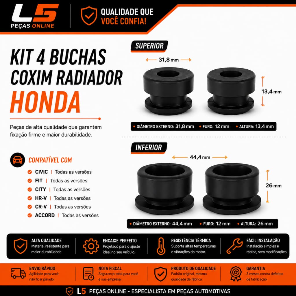 Kit 4 Coxim Bucha Radiador Honda Civic Fit City HRV Accord 1.4 1.5 1.8 2.0 Borracha Batente Suporte