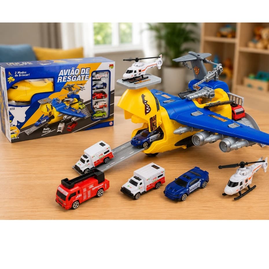 Avião de Resgate DM Toys Grande com Carrinhos e Helicóptero Infantil