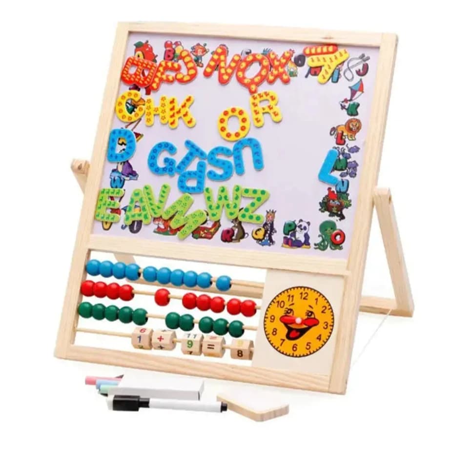 Quadro Educativo Infantil Dupla Face com Ábaco, Relógio e Blocos Matemáticos