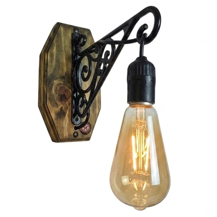 Arandela de Parede Estilo Industrial Rústica Madeira Nogueira e Arabesco PEAD com Pendente 60cm
