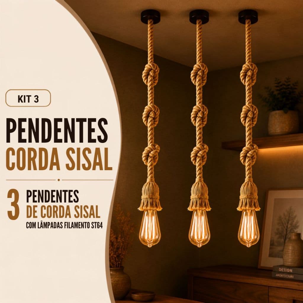 Kit 3 Pendente Corda Sisal 2 Metros com 3 Lâmpada Filamento Âmbar ST64 Bivolt 110v/220v Decorativo