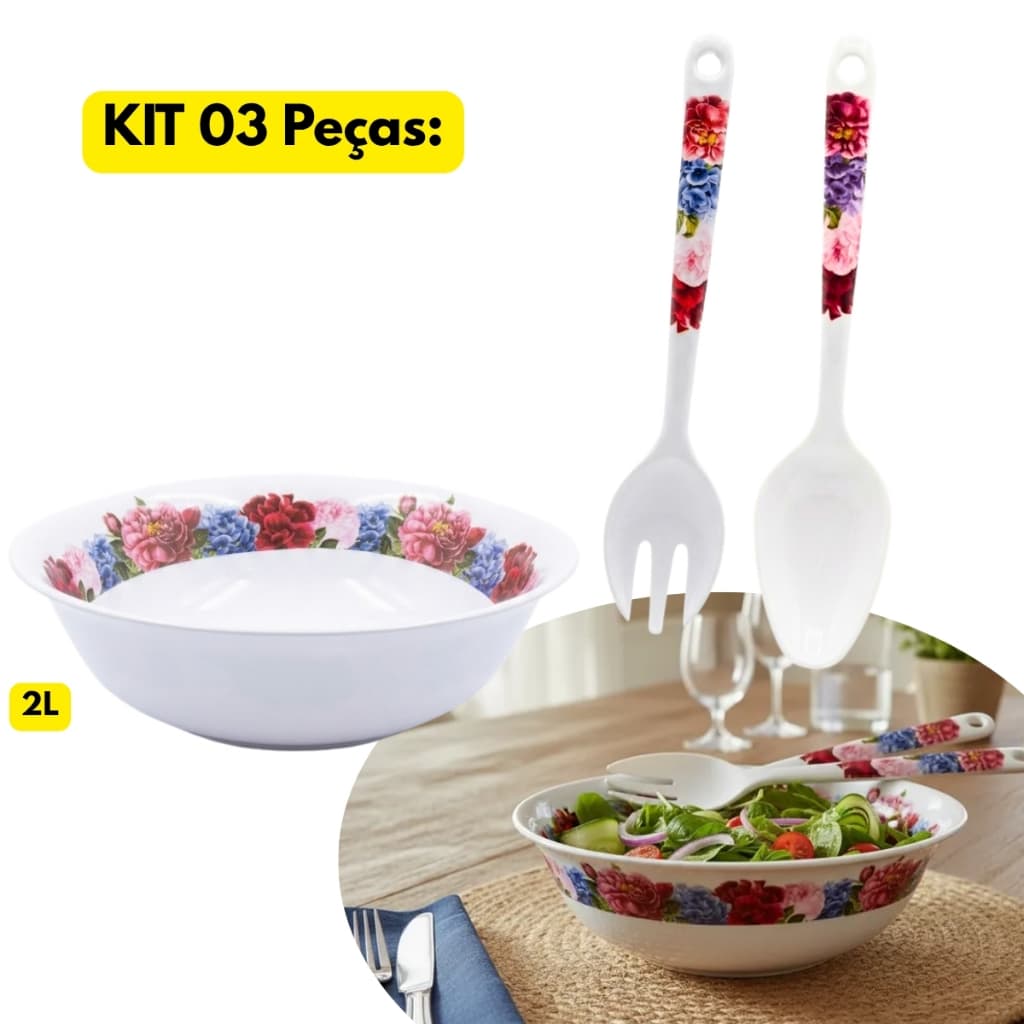 Jogo Kit 03 Peças Tigela Saladeira 2L Melamine Florida Branca Plástico+ Colher + Garfo Flores Salada