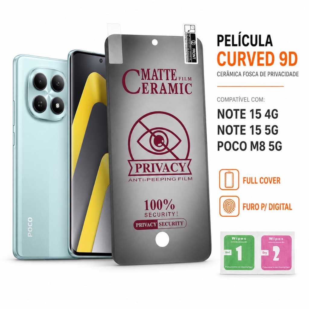 Pelicula Note 15 4G/5G / Poco M8 5G Peliculas Cerami Fosca 9D de Privacidade Com Furo da Digital