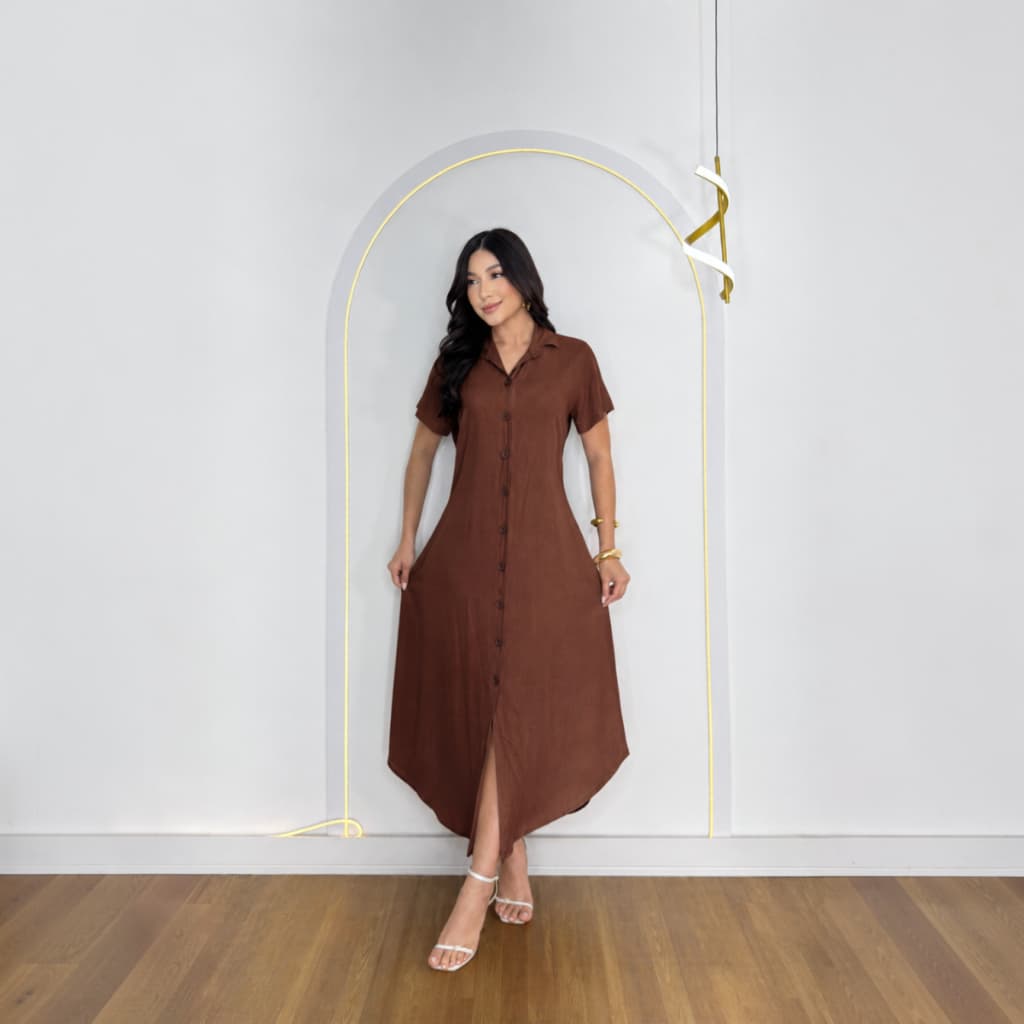 Vestido Chamise Viscolinho Longo Feminino Manga Curta Botões Frontais Elegante Casual Com Moda Verão Premium