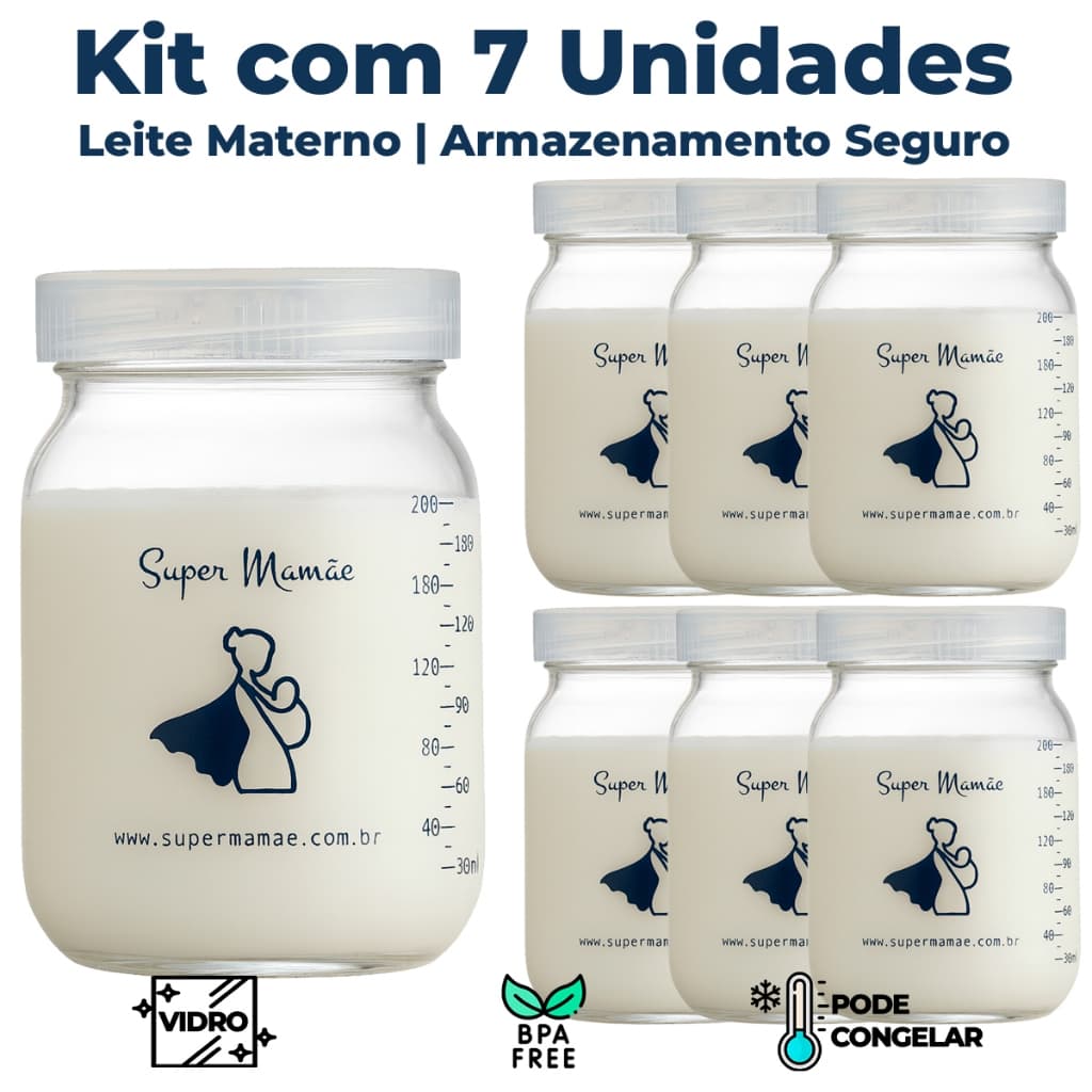 Kit 7 Potes de Vidro 200ml para Armazenar Leite Materno – Tampa Plástica BPA Free