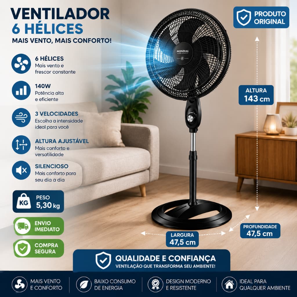 Ventilador de Coluna Mondial 6 Pás Super Turbo 40cm VSP-40C 140W