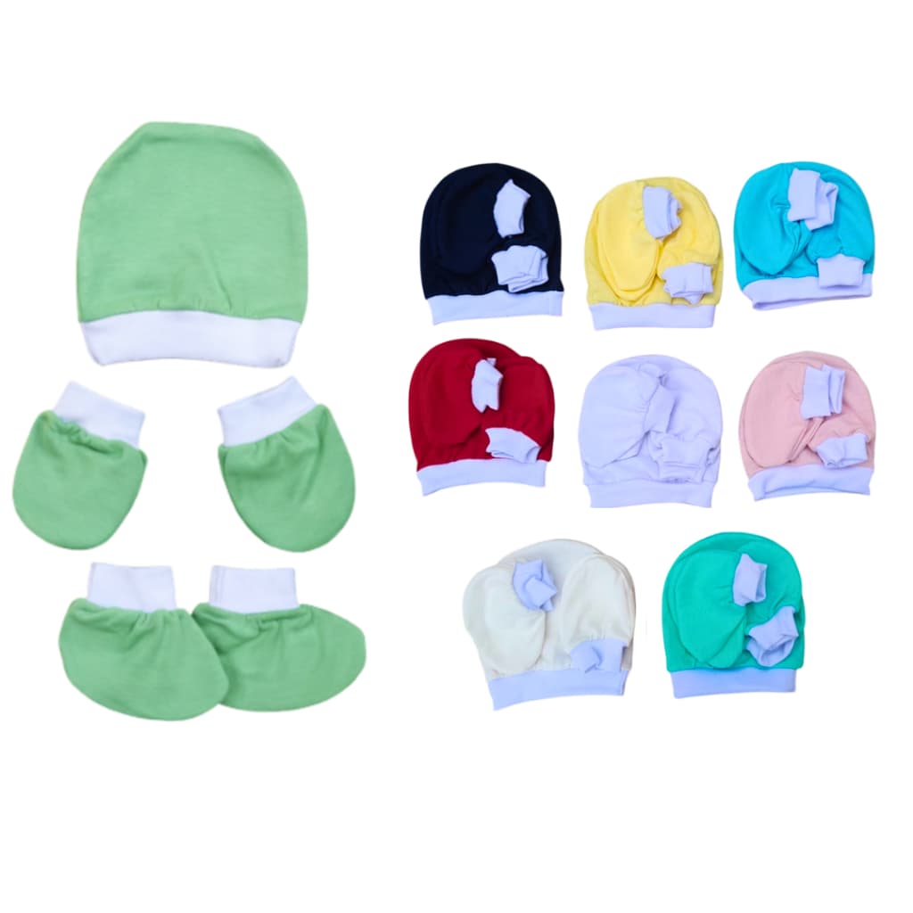 Kit 9 peças 3 Toucas 3 Luvas 3 Sapatinhos Bebê RN Maternidade 100% algodão
