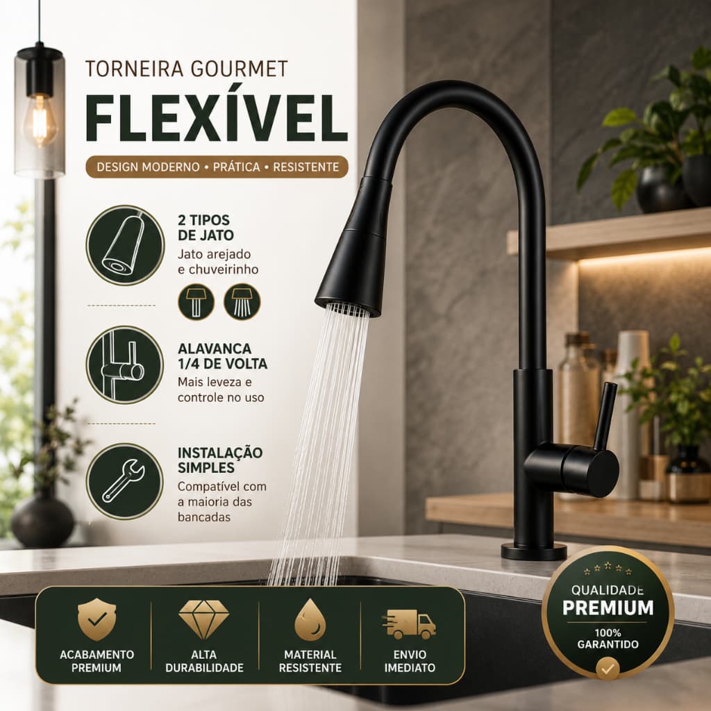 Torneira Gourmet Bancada Preta para Pia Cozinha Flexível 2 Tipos de Jato Acionamento 1/4 de Volta