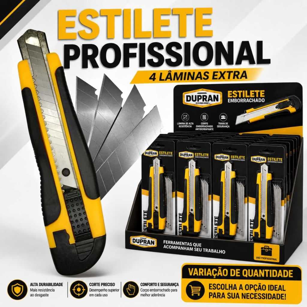 Estilete Profissional + 4 Lâminas 18mm Extras DUPRAN Estilete Retrátil Empunhadura Emborrachada.