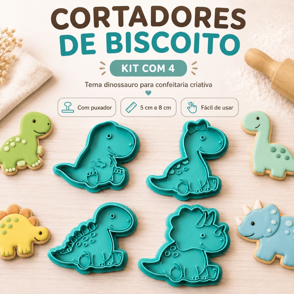 Cortador de Biscoito com Carimbo Cortador de Biscoito Dinossauro Cortador de Biscoito Infantil Kit Festa Dinossauro Baby
