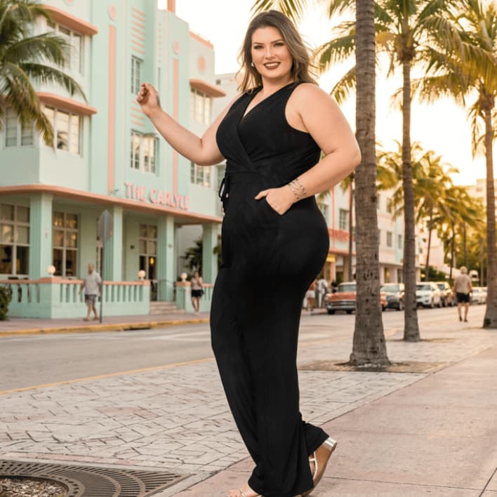 Macacão Feminino Plus Size Sem Manga Alças Largas Ajuste na Cintura e Bolsos G1 ao G3