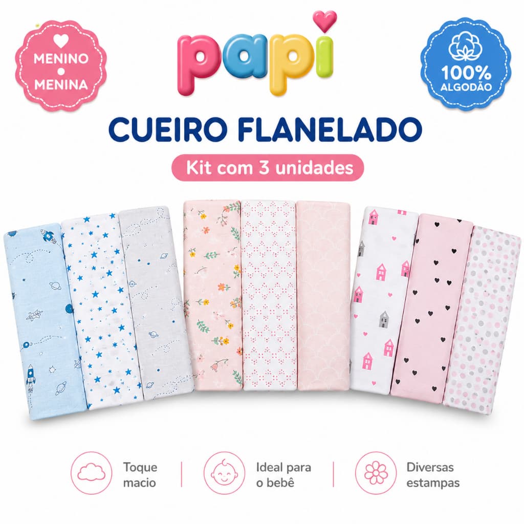 Kit 3 Cueiros Flanelados Papi Bebê 100% Algodão Charutinho Estampado
