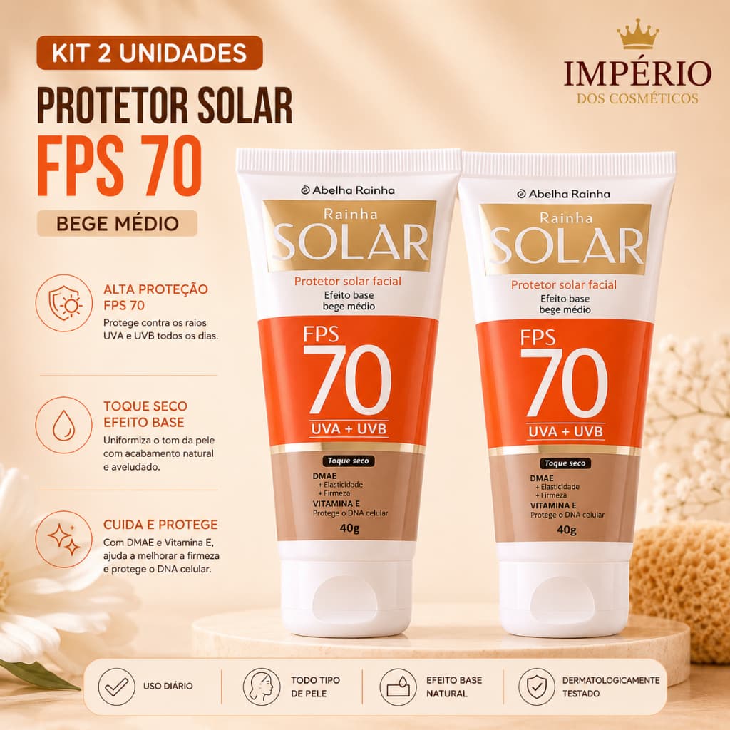 Kit 2 Protetor Solar Facial FPS 70 Cor De Base - Bege Médio - Abelha Rainha