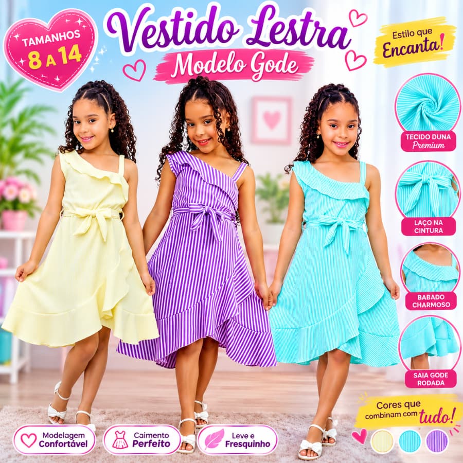 Vestido Midi Infantil Godê Listrado em Tecido Duna Premium – Ombro Único com Babado | Moda Blogueirinha | Tamanho 8 ao 1