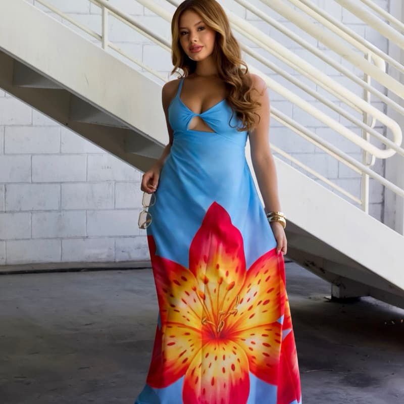 Vestido Longo Feminino Estampado Floral Tropical com Decote Vazado