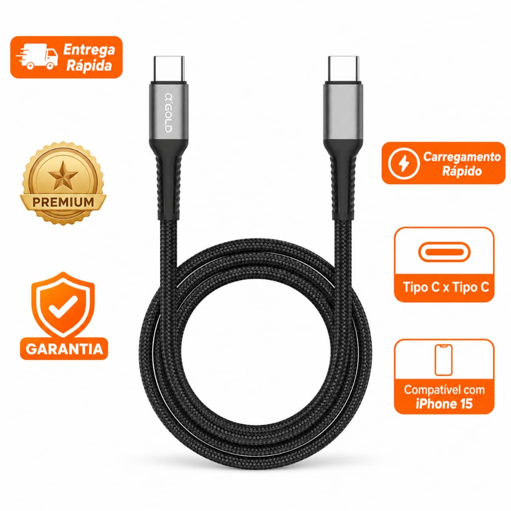 Cabo Carregador USB-C + Tipo-C Turbo 60W 1Metro A'GOLD Android E Iphone 15 Ao 17