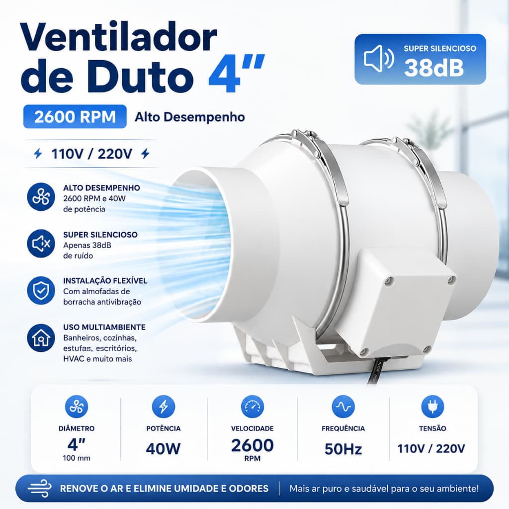 Exaustor Axial In-line Turbo 100mm Cor Branco 110/220v