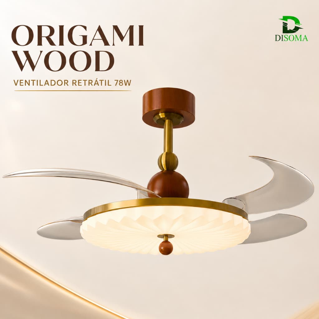 Ventilador de Teto Retrátil Origami Wood Dourado 78W LED 48W Controle Remoto Bivolt Disoma